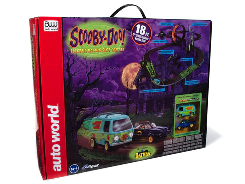 AUTO WORLD 18' SCOOBY DOO MEETS BATMAN & ROBIN SLOT RACE SET - - BCY service