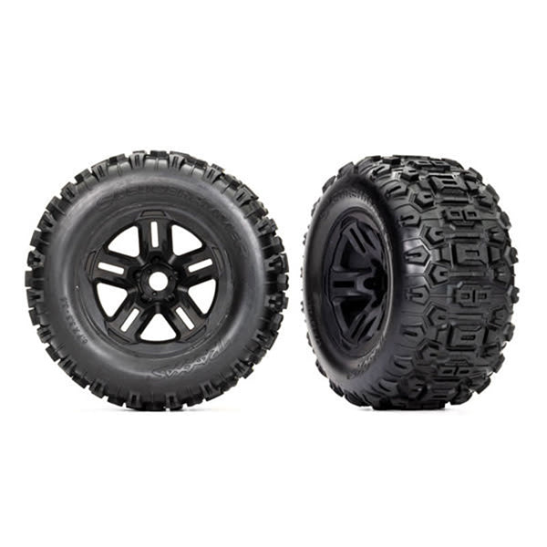 Traxxas Tires and wheels, assembled, glued 3.8' black wheels, Sledgehammer® (2) - Wheel/Tires - Traxxas