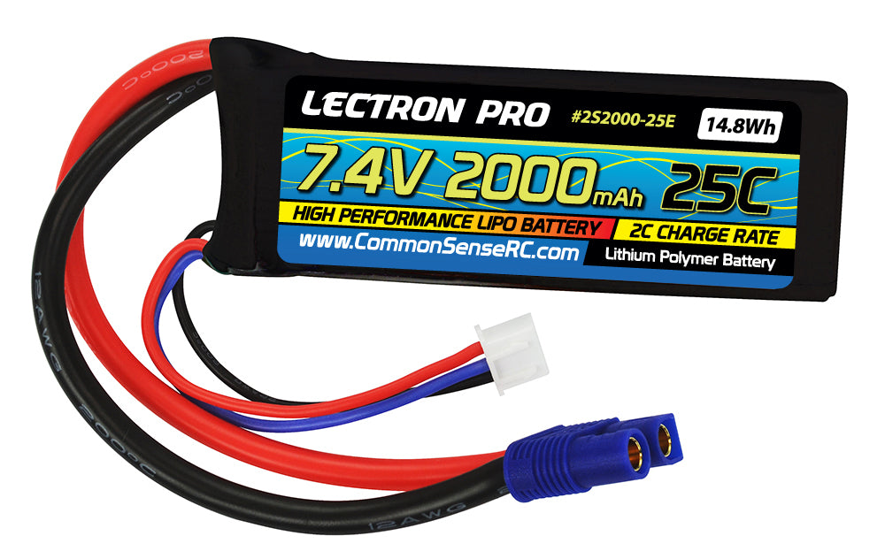 Lectron Pro 7.4V 2000mAh 25C Lipo Battery with EC3 Connector for 1/16 & 1/18 Scale Cars & Trucks -  - Common Sense RC