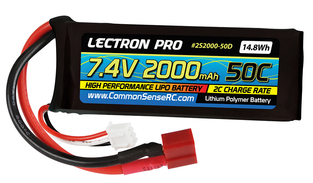 Lectron Pro 7.4V 2000mAh 50C Lipo Battery with Deans-type Connector for 1/16 & 1/18 Scale Cars & Trucks, Mid-size Foamies -  - Common Sense RC